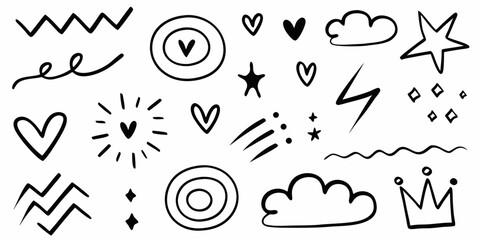 Black Hand Drawn Doodle Elements Including Hearts Stars And Clouds Keywords: doodle, hand drawn, illustration