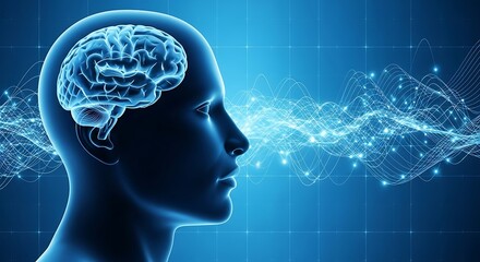 A profile view of a human head with a visible brain and abstract waves, conveying a concept of neural activity and the intricate workings of the mind.