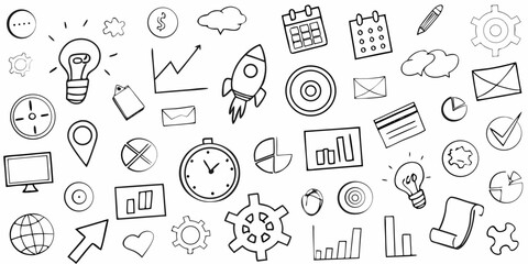Hand drawn doodle icons for business and technology concepts on white background