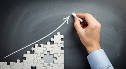 A hand draws an upward trend line among a collection of interlocking puzzle pieces on a dark chalkboard, signifying growth and progress.