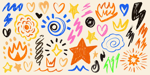 Vibrant Hand Drawn Doodle Icons Featuring Flowers Crowns and Abstract Shapes drawing
