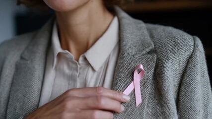 A woman in a business suit adjusts a pink ribbon on her lapel, symbolizing breast cancer awareness, conveying support during Breast Cancer Awareness Month