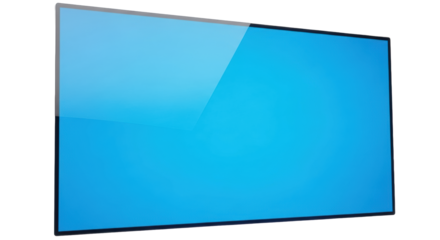 A pristine, ultra-modern, luminous cerulean blue display screen glowing with a seamless glossy surface against a transparent background with copy space. Concept of cutting-edge technology