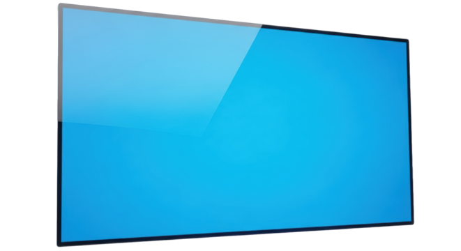 A pristine, ultra-modern, luminous cerulean blue display screen glowing with a seamless glossy surface against a transparent background with copy space. Concept of cutting-edge technology