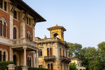 Architecture of the ancient city of Viareggio, Italy. House facades