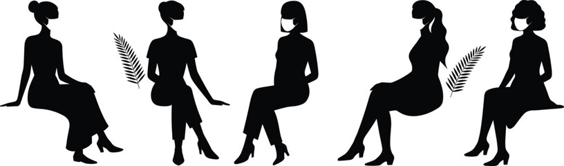 Women sitting silhouette, elegant female figures, fashion style vector, modern illustration design, mask wearing women, beauty concept art, stylish posture