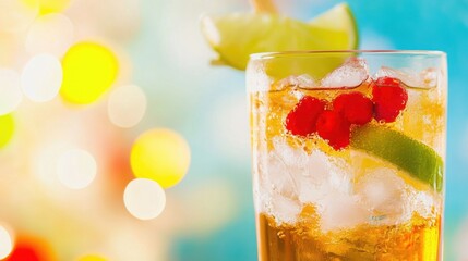 Refreshing cocktail garnished with lime and cherries served at a vibrant party