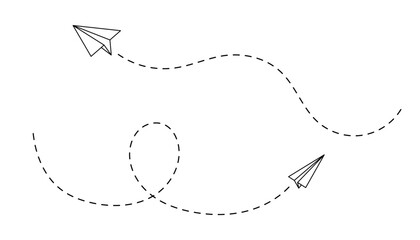 Vector path of paper plane in flight with air trail and outline design. Fly or glide by jet or aeroplane with toy-like shape and minimal craft style. Great for concepts. © Elena