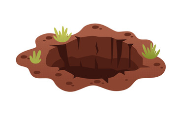 Brown soil crater with green grass tufts sprouting around rocky edges. Earth pit with natural vegetation for outdoor adventure and exploration themes. Vector illustration on white