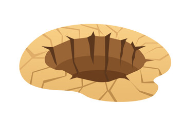 Oval earth crater with cracked desert surface and stone formations. Sandy brown pit with weathered edges for arid landscapes and adventure gaming. Vector illustration isolated on white background