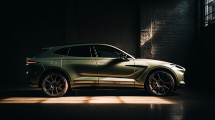 Naklejka premium a luxury SUV in matte olive green paint, parked in an industrial warehouse.