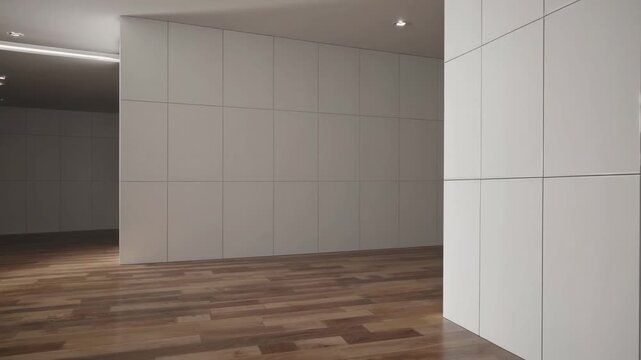 three-dimensional computer-generated visualization of empty space with tiled walls and parquet floor for product presentation purposes