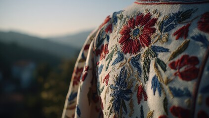 Close-up of embroidered jacket, ornate floral design.  Mountain backdrop