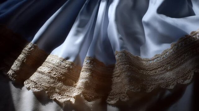 Elegant blue silk fabric draped with intricate lace trim, luxurious texture evoking a sense of sophistication and grace, ideal for fashion or wedding themes