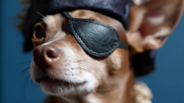 Chihuahua with pirate eye patch, playful costume evokes Halloween spirit, small dog dressed as pirate stirs imagination and amusement