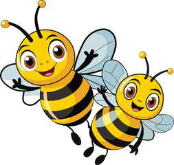 Two cheerful cartoon bees flying together with big happy eyes and striped bodies