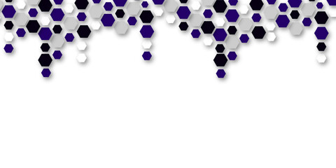 A modern geometric background featuring a top border of hexagons in dark purple, black, white, and light gray, creating a textured honeycomb-like pattern with subtle shadows on a white surface.