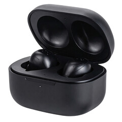 Black wireless earbuds in matte charging case with open lid isolated on transparent background