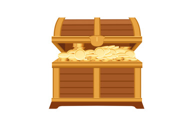 Golden wooden treasure chest with metal clasp overflowing with coins. Bright yellow pirate coffer with curved top. Luxury storage container with wealth. Vector illustration