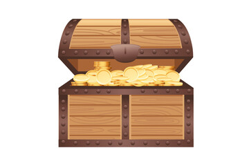 Wooden treasure chest with metal reinforcements and golden coins. Open brown pirate coffer with iron bands and rivets. Traditional storage container with wealth. Vector illustration