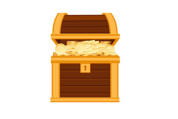 Silver treasure chest with wooden panels and golden coins. Metal coffer with brown wood details and curved top. Traditional pirate storage container. Vector illustration on white