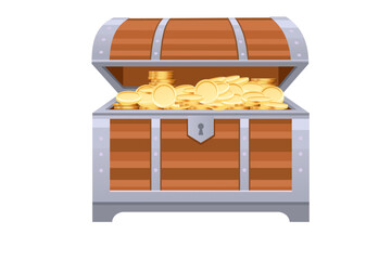 Golden treasure chest with metal bands overflowing with coins. Bright yellow wooden pirate coffer with curved top design. Luxury storage for wealth and riches. Vector illustration