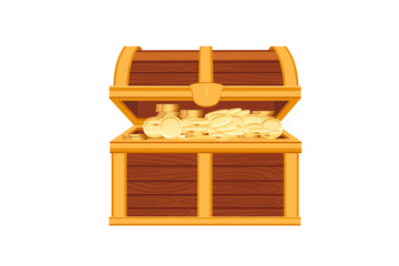 Yellow wooden treasure chest with golden coins spilling out. Bright pirate coffer with keyhole and curved lid. Traditional storage box for wealth and riches. Vector illustration