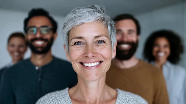Diverse group of adults smiling confidently, embracing unity and happiness, perfect for International Day of Peace themes, showcasing positive relationships
