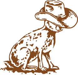 Dog with Cowboy Hat Illustration – Vintage Western Animal Vector Logo , Hand-drawn vector illustration of a dog wearing a cowboy hat in rustic vintage style. Perfect for western logos, pet branding