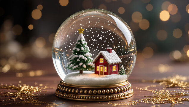 Christmas snow globe with snowy house, decorated tree and falling snow, placed on festive table with glowing holiday lights