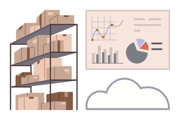 Stacked cardboard boxes on a warehouse shelf alongside bar and pie charts illustrating data trends. Ideal for logistics, inventory management, cloud storage, analytics, supply chain, retail