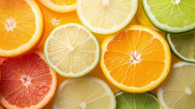 Close up view of various citrus fruits including oranges, lemons, limes, and grapefruits arranged in a colorful pattern on a bright background