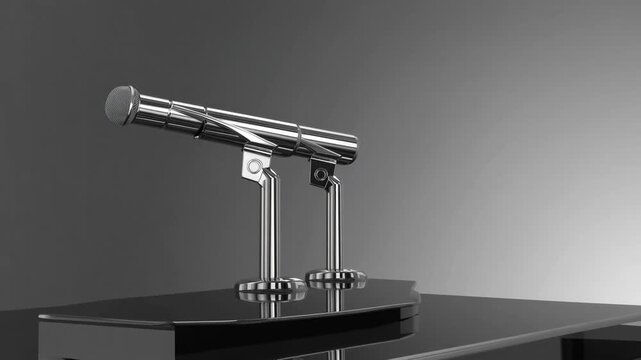 three-dimensional rendered representation of speaker's stand equipped with pair of audio recording devices