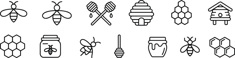 Bee and honey icons, beekeeping symbols, honeycomb design, pollination graphic, hive illustration, sweet product, nature insect, eco theme, organic branding, flat vector