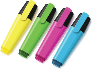 Four vibrant highlighter pens in yellow green pink and blue office school supplies for study and organization vector