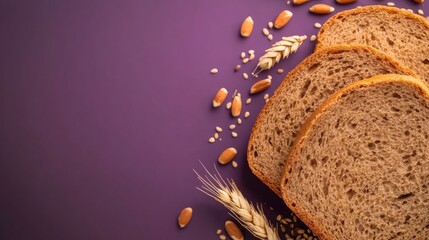Slices of whole grain bread artfully arranged on a purple background