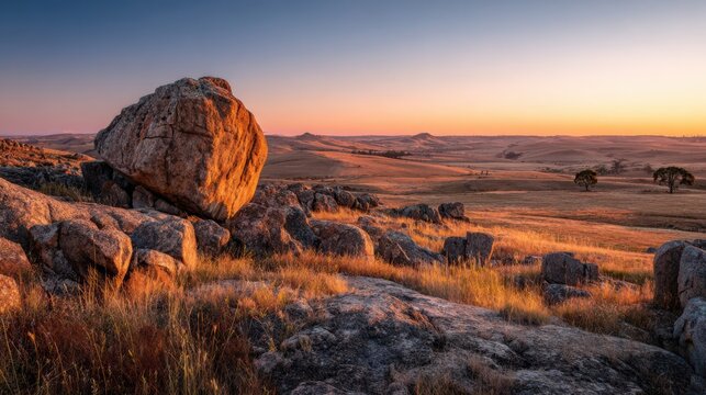 A glowing horizon at sunrise over a rugged rocky plain, with a solitary boulder catching the first light of day in stunning contrast