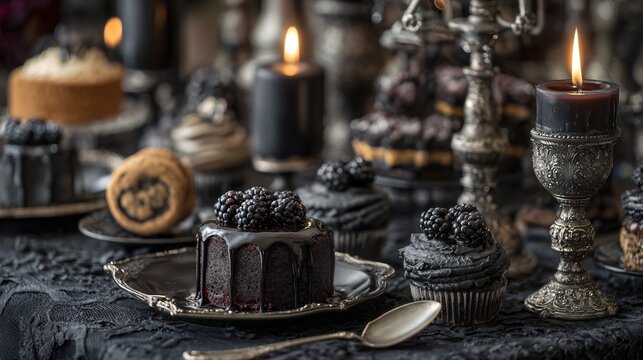 A gothic dessert spread with candlesticks, black lace, and themed pastries
