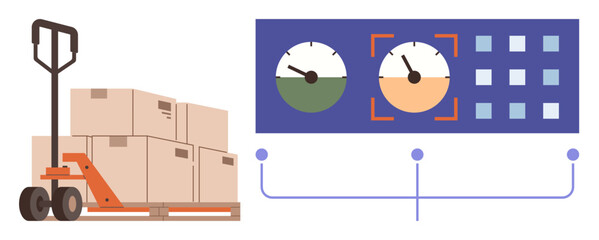 Pallet jack with stacked boxes beside monitoring dashboard displaying gauges and grid panel. Ideal for logistics, inventory, shipping, warehouse operations, supply chain, efficiency tracking, simple