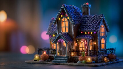 A haunted gingerbread house styled with Halloween elements and colored lighting