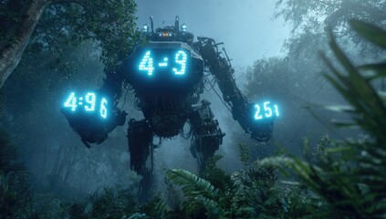 Large, metallic robot in a misty jungle.  Digital displays