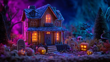 A haunted gingerbread house styled with Halloween elements and colored lighting