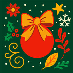 Christmas Ornament with Bow – Holiday Vector Design. Flat festive vector illustration of a red Christmas ornament decorated with a big bow, surrounded by holly leaves, star, snowflake