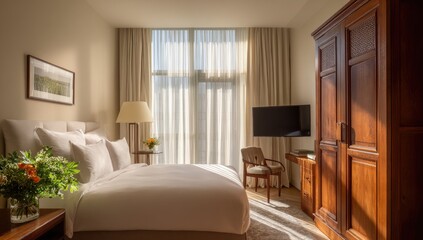 Fototapeta premium Sunny bedroom with large windows, light beige walls, and rich wooden furniture