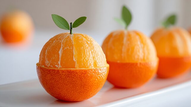 A jack-o’-lantern fruit cups made from oranges, minimalist white table