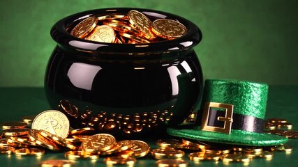 Thematic elements associated with the celebration of Saint Patrick's Day including cauldron filled with gold coins, clover plant, and green top hat