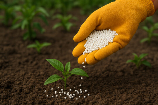 Application of Granulated Urea (Carbamide) Fertilizer into Soil for Plant Nutrition
