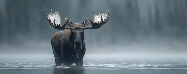 Majestic Moose in Misty Water, a large bull moose with massive antlers, standing in a fog covered lake at dawn
