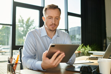 Young businessman focused on tablet in bright office during productive workday