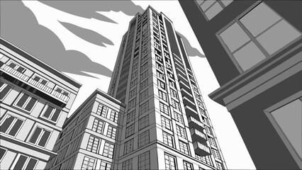 Fototapeta premium Low-Angle View of Modern Skyscraper and City Buildings in Monochrome Illustration.